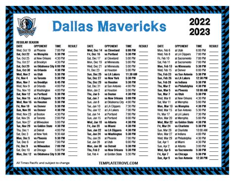 Dallas Mavericks Printable Schedule 2022-23