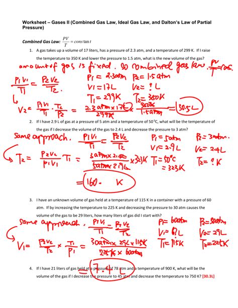 Daltons Law Of Partial Pressure Worksheet Answers
