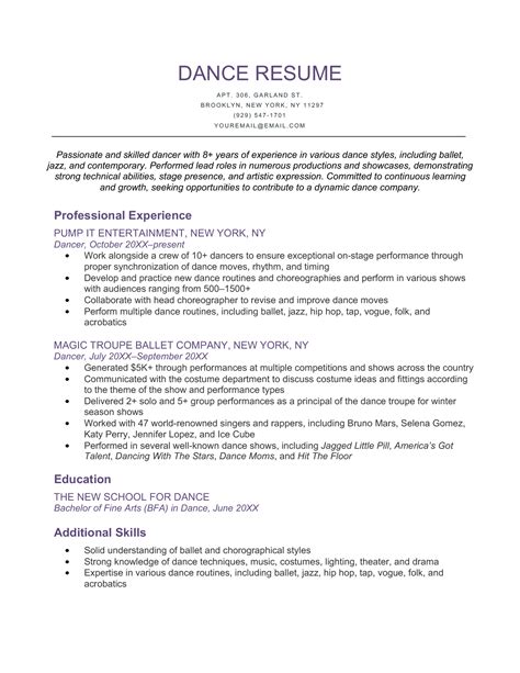 Dance Resume Template Free Download