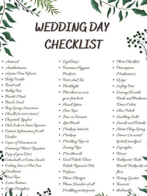 Day Of Wedding Checklist Printable