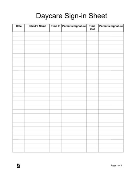 Daycare Sign In Sheet Template