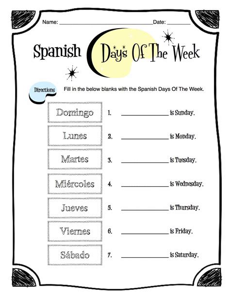 Days Of The Week Worksheet In Spanish