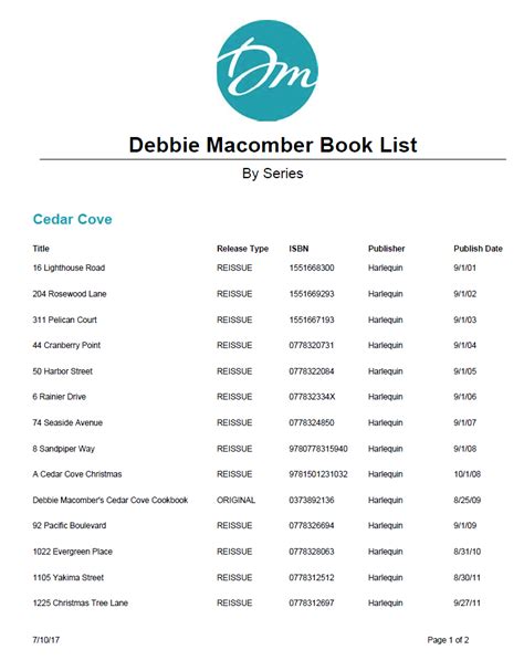 Debbie Macomber Printable Book List