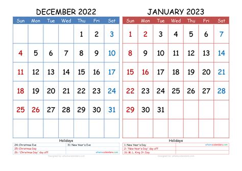 Dec Jan Calendar Printable