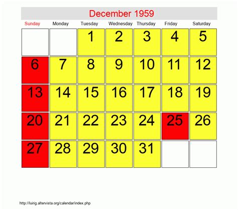 December 1959 Calendar