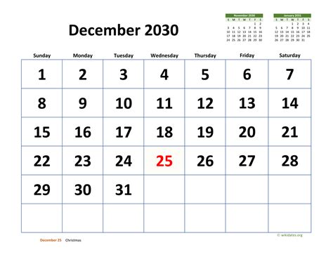 December 2030 Calendar Boxing Day