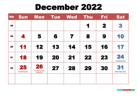 December Calendar 2022 With Holidays Printable