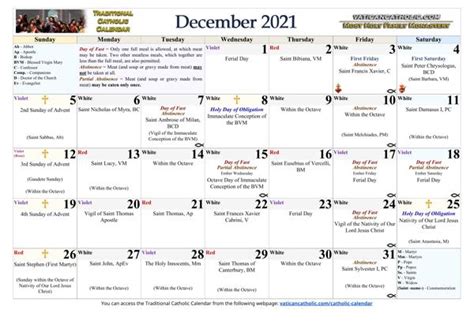 December Catholic Calendar