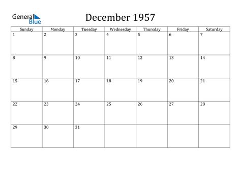 December 1957 Calendar