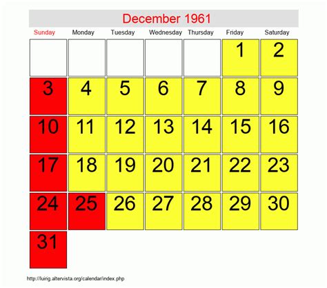 December 1961 Calendar