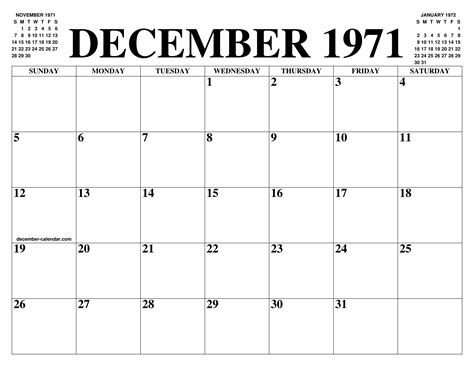 December 1971 Calendar