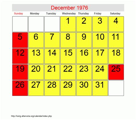 December 1976 Calendar