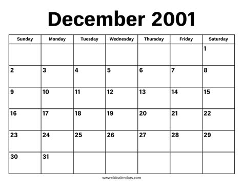 December 2001 Calendar