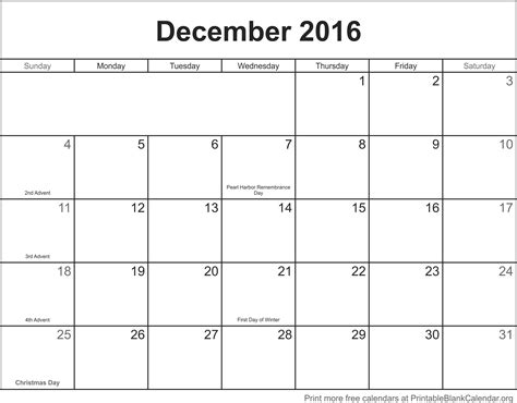 December 2016 Month Calendar