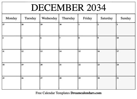 December 2034 Calendar