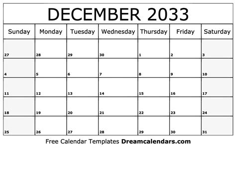 December Calendar 2033