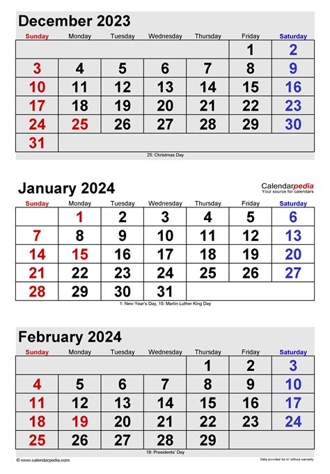 December January February Calendar