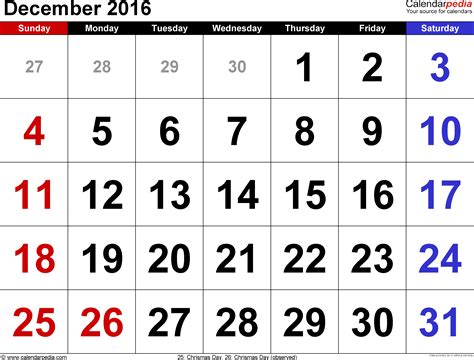 December Month Calendar 2016