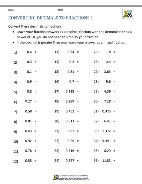 Decimal To Fraction Conversion Worksheet