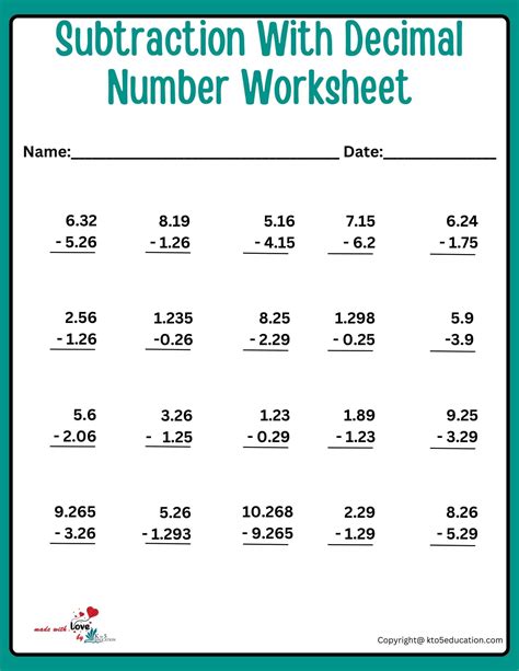 Decimal Subtraction Worksheets