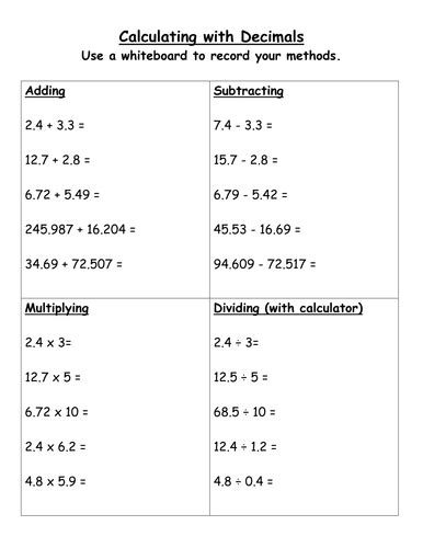 Decimals Adding Subtracting Multiplying And Dividing Worksheets