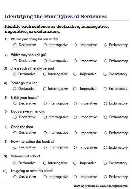 Declarative Interrogative Imperative Or Exclamatory Worksheets With Answers