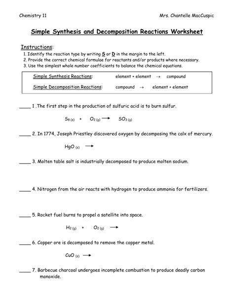 Decomposition And Synthesis Reactions Worksheet