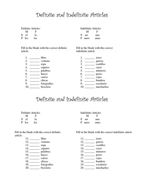 Definite And Indefinite Articles Spanish Worksheet