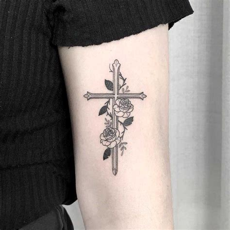 Delicate Cross With Flowers Tattoo