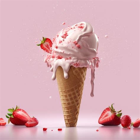 Delicious cold ice-cream cone floating in the air in front of a pink background.