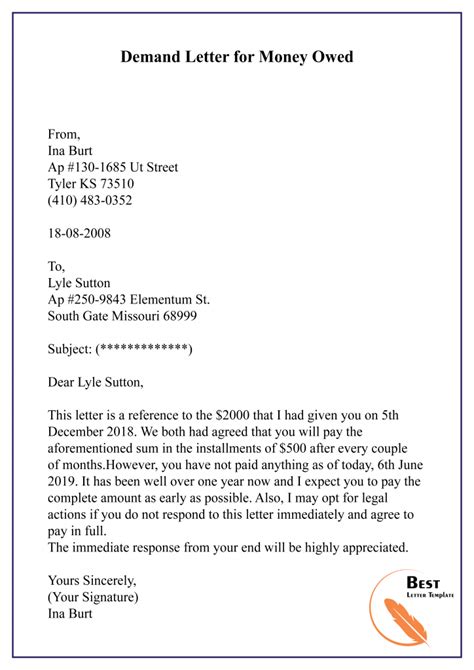 Demand Letter Template For Money Owed
