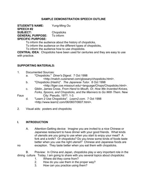 Demonstration Speech Outline Format