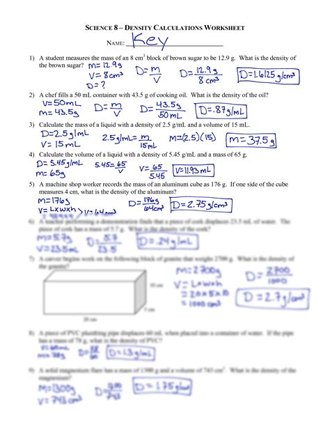 Density Calculations Worksheet Answer Key