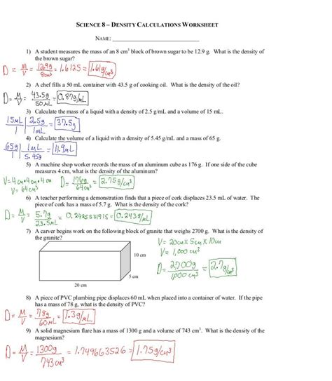 Density Calculations Worksheet Answers