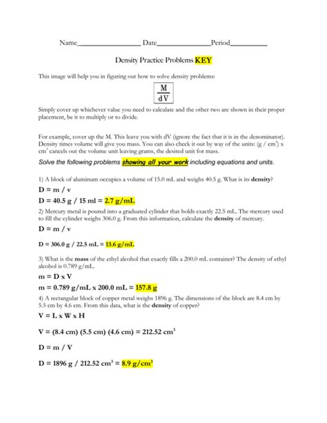 Density Practice Problem Worksheet