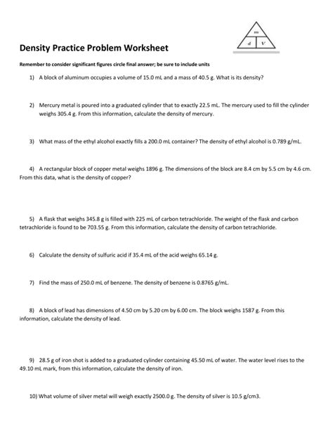 Density Practice Problem Worksheet With Answers → Waltery Learning