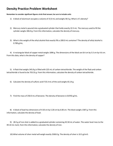 Density Practice Problem Worksheet Remember to consider