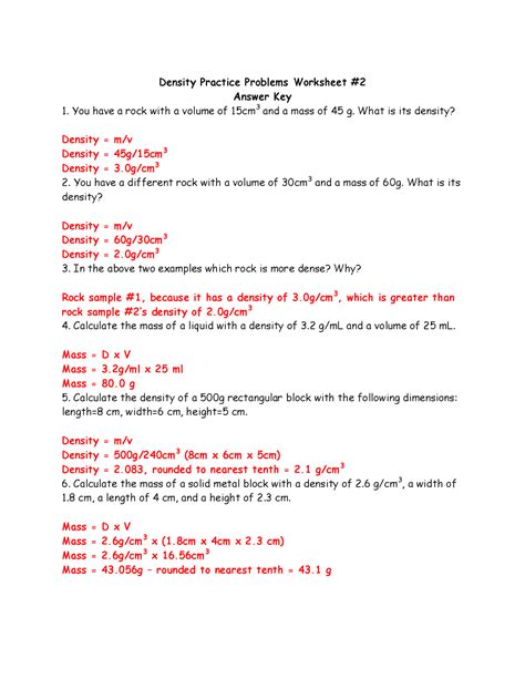 Density Worksheet Answer Key Chemistry