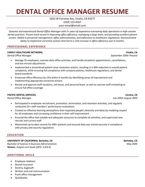 Dental Office Manager Resume Sample