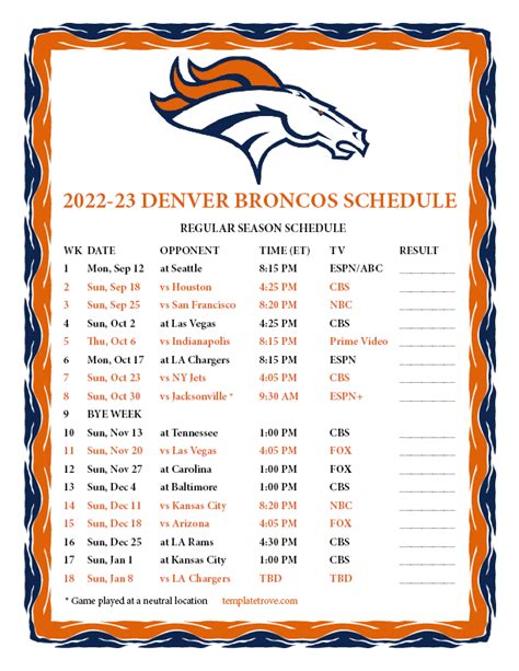 Denver Bronco Schedule 2022 Printable