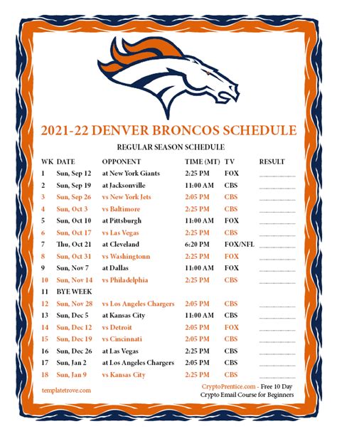 Denver Broncos Printable Schedule 2022-23