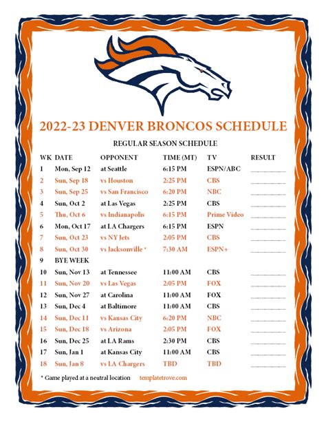Denver Broncos Schedule 2022-23 Printable
