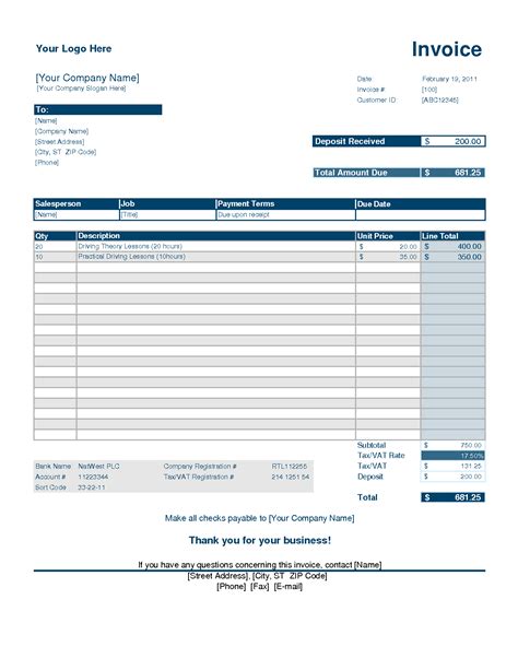 Deposit Invoice Template Excel