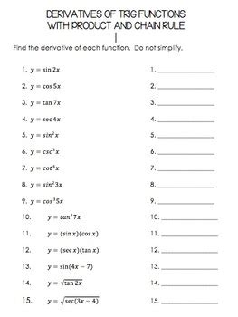 Derivatives of Trig Functions Worksheet and Sticker Graphic Organizer