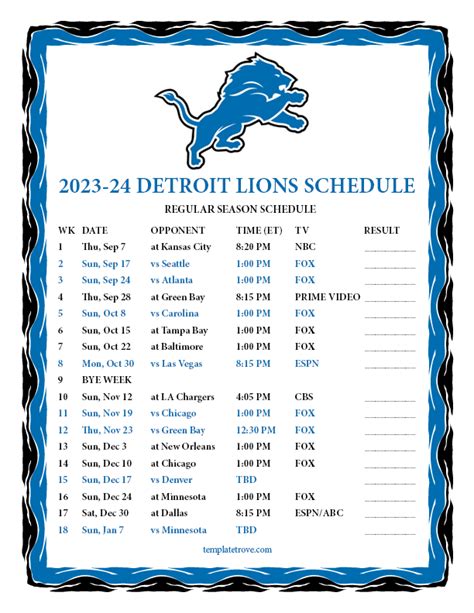 Detroit Lions Printable Schedule 2023