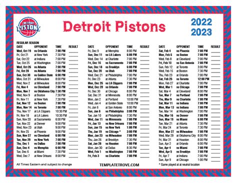 Detroit Pistons Basketball Team Schedule 4" x 7"