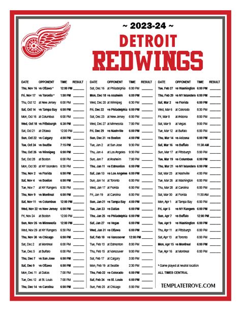 Detroit Red Wings Printable Schedule 2023 24