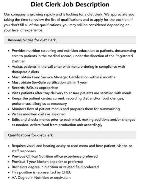 Diet Clerk Job Description