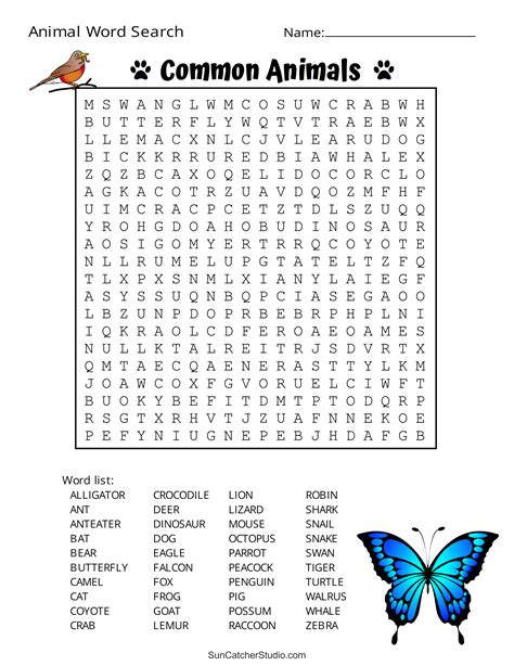 Difficult Animal Word Search Printable