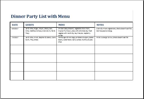 Dinner Party Planning Template